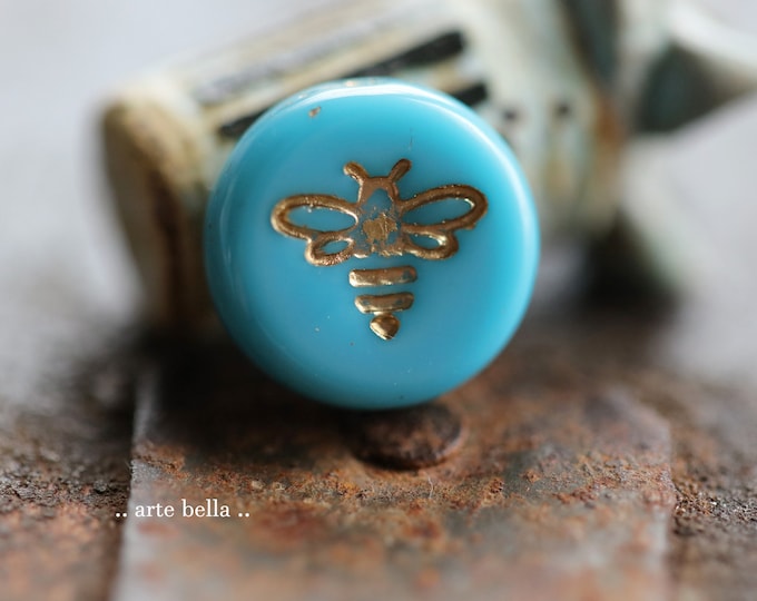 GOLDEN CERULEAN BIZZY B .. 6 Premium Czech Glass Bee Coin Beads 12mm (9939-6) .. jewelry supplies