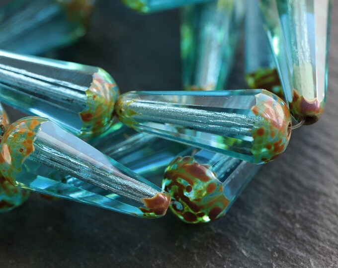 AQUA SKIES FACETED Chubettes .. 6 Premium Picasso Czech Glass Faceted Drop Beads 20x9mm (7463-6)