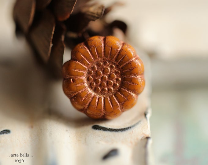 COPPERED SQUASH SUNFLOWERS .. 6 Premium Czech Glass Flower Beads 13mm (10361-6) .. jewelry supplies