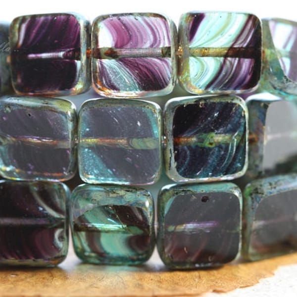 LARKSPUR SQUARES .. 15 Premium Picasso Czech Glass Square Beads 9mm (B1015-15) .. jewelry supplies