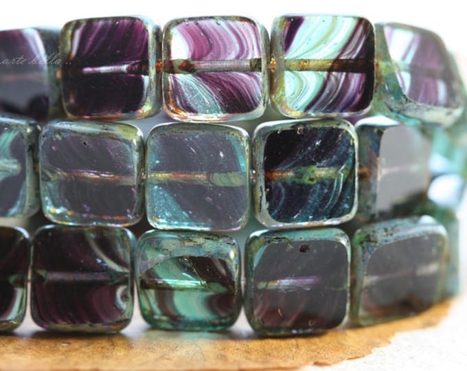 LARKSPUR SQUARES .. 15 Premium Picasso Czech Glass Square Beads 9mm (B1015-15)