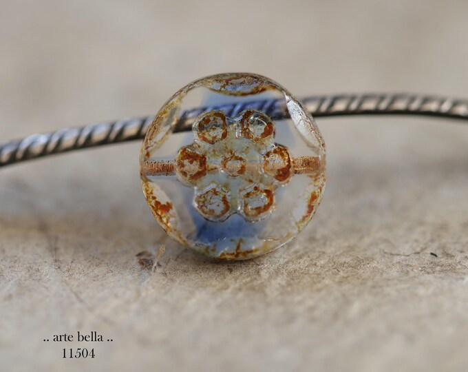 New .. EARTHY BUDDING BLUES .. 4 Premium Picasso Czech Glass Coin Flower Beads 14mm (11504-4) .. jewelry supplies