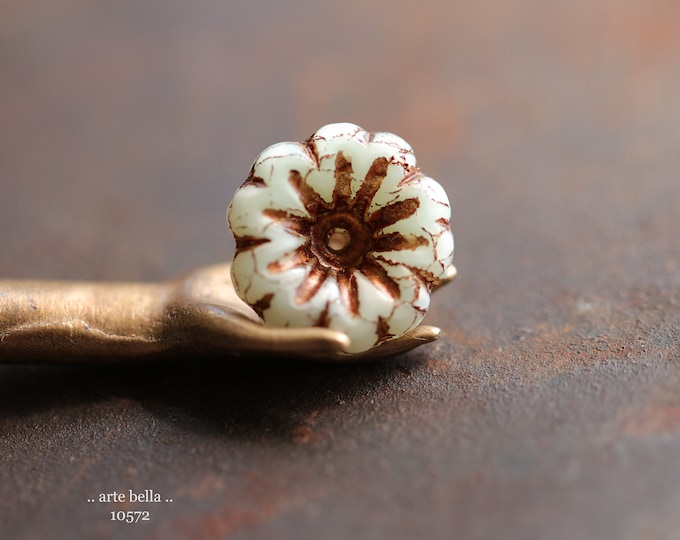 BRONZED CREAM BELLS .. 4 Premium Czech Glass Bell Flower Beads 15x8mm (10572-4) .. jewelry supplies