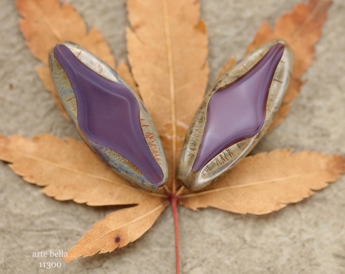 New .. EARTHY LAVENDER PETALS No. 2 .. 2 Premium Luster Picasso Czech Glass Spindle Beads 25x10mm (11300-2) .. jewelry supplies