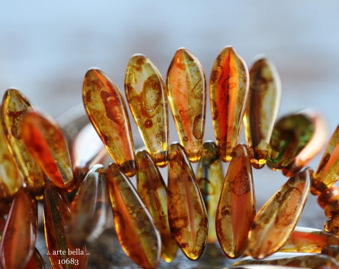 EARTHY AUTUMN DAGGERS .. 50 Premium Picasso Czech Glass Dagger Beads 5x16mm (10683-st) .. jewelry supplies