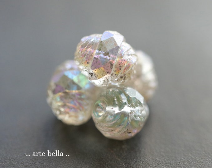 SILVERED RAINBOW PLUMPS .. 4 Premium Picasso Czech Glass Turbine Beads 13x15mm (6806-4) .. jewelry supplies