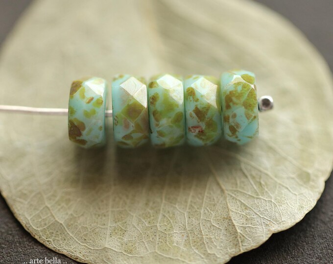 MOSSY SKY WHEELS .. New 15 Premium Picasso Czech Glass Faceted Heishi Rondelle Bead 4x8mm (10779-st) .. jewelry supplies