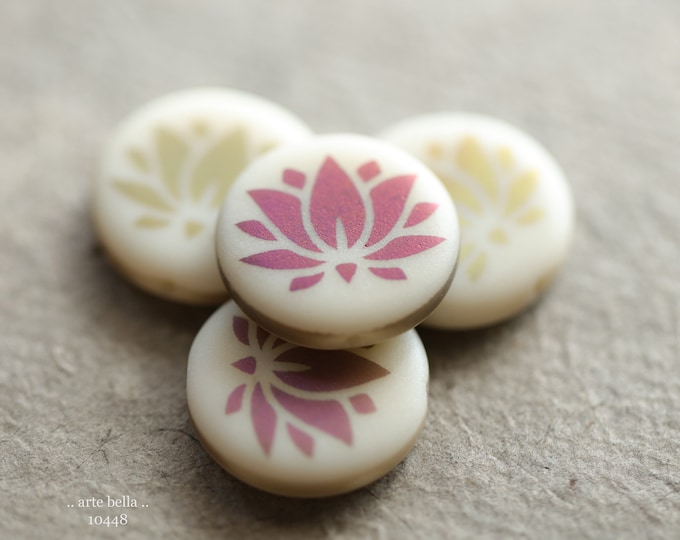 IVORY LOTUS COINS .. New 4 Premium Matte Czech Glass Laser Etched Lotus Coin Bead Mix 17mm (10448-4)