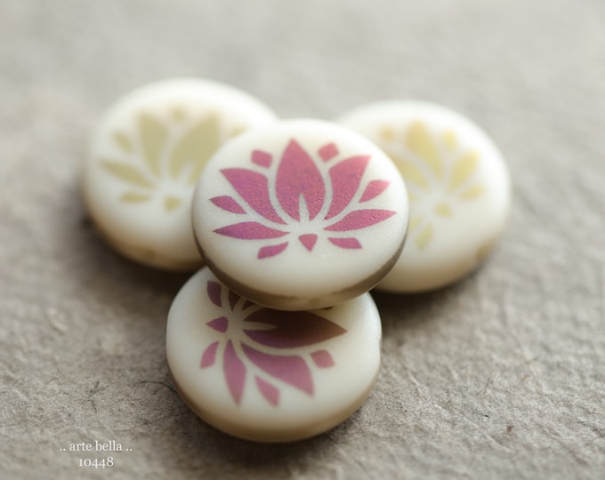 IVORY LOTUS COINS No. 1 .. 4 Premium Matte Czech Glass Laser Etched Lotus Coin Bead Mix 17mm (10448-4) .. jewelry supplies