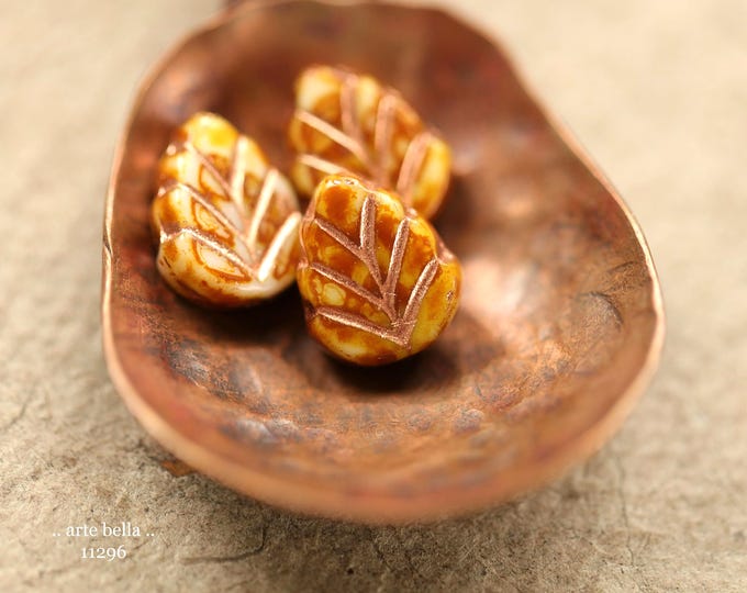 New .. COPPER CARAMEL LEAVES .. 10 Premium Picasso Czech Glass Petite Leaf Bead Mix 10x8mm (11296-10) .. jewelry making supplies