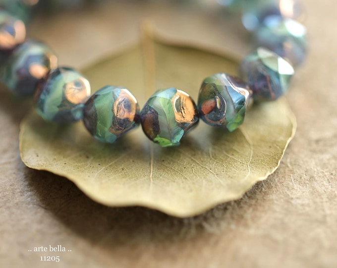 BRONZED BLUE APPLE Nuggets .. New 15 Premium Czech Glass Baroque Central Cut Beads 9mm (11205-st) .. jewelry making supplies