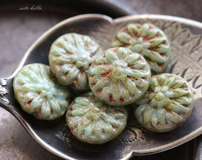 back in stock .. EARTHY SAGE DAHLIAS .. 10 Premium Picasso Czech Glass Dahlia Flower Beads 14mm (5016-st) .. jewelry supplies