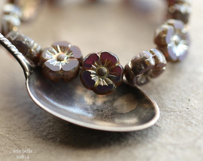 GILDED PLUM PANSY .. 12 Premium Picasso Czech Glass Hibiscus Flower Beads 10mm (10874-st) .. jewelry supplies