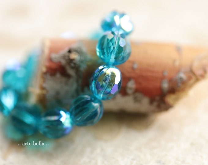 MYSTIC AQUA GLITZ .. 12 Premium Czech Glass Faceted Melon Beads 10mm (9522-12) .. jewelry supplies