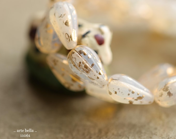 GOLDEN SPLASH MOON Drops .. New 10 Premium Czech Glass Melon Drop Bead Mix 13x8mm (11061-st) .. jewelry supplies