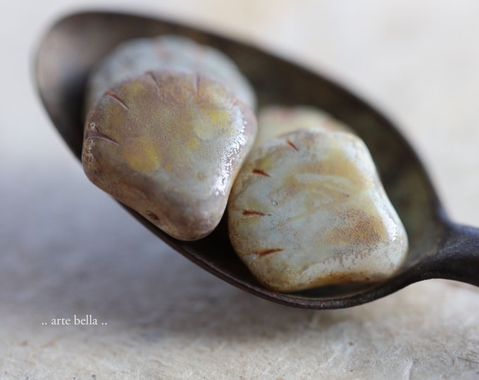 EARTHY SHELL MIX .. 4 Premium Etched Picasso Czech Glass Scallop Shell or Paw Beads 18x7mm (8987-4) .. jewelry supplies