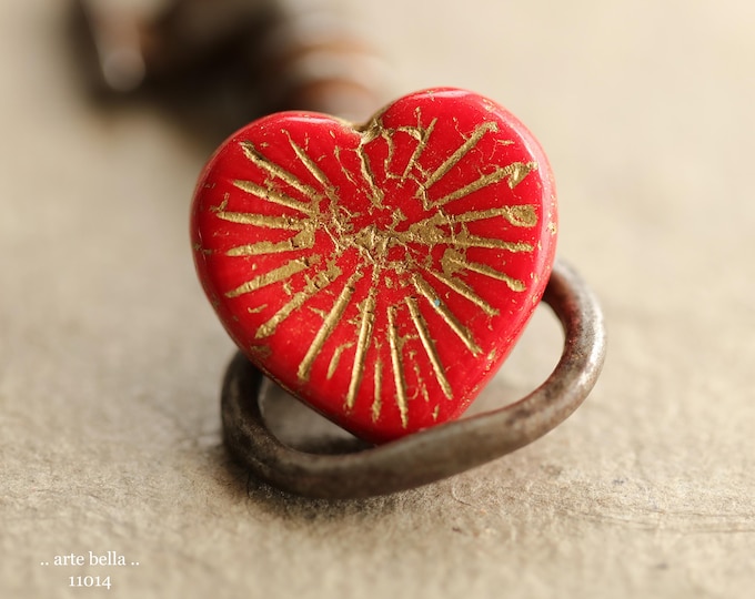 GOLDEN RUBY FLAMING Hearts .. New 2 Premium Czech Glass Heart Beads 22mm (11014-2) .. jewelry supplies