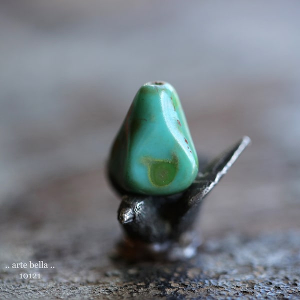 MOSSY TURQUOISE PEAKS .. 6 Premium Picasso Czech Glass Old Style Drop Beads 13x9mm (10121-6)