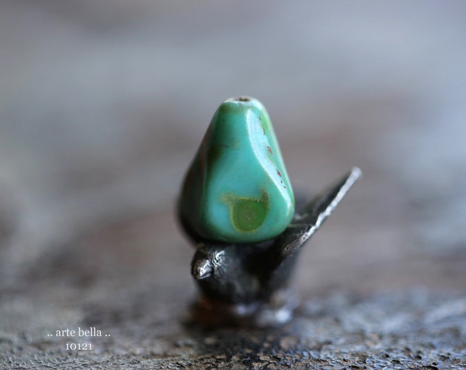 MOSSY TURQUOISE PEAKS .. 6 Premium Picasso Czech Glass Old Style Drop Beads 13x9mm (10121-6)