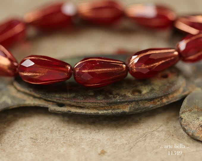 New .. COPPERED RUBY DROPS .. 10 Premium Czech Glass Faceted Melon Drop Beads 15x8mm (11549-st) .. jewelry supplies