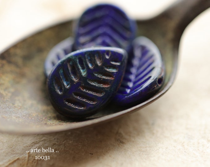 EARTHY INDIGO LEAVES .. 8 Premium Picasso Czech Glass Dogwood Leaf Beads 12x16mm (10031-8)