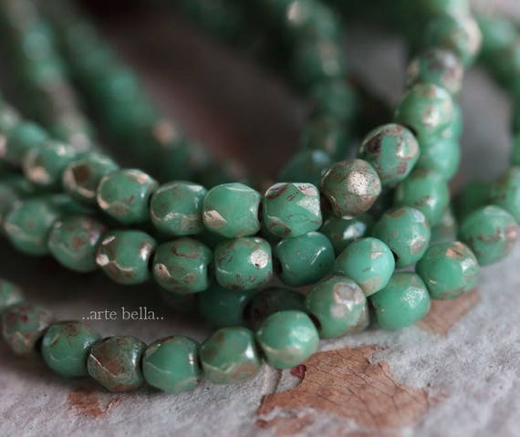 Opaque Green Turquoise Picasso 4mm 50 Czech Glass Faceted Round Beads
