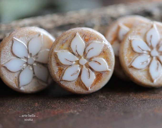EARTHY WHITE BLOOMS .. New 4 Premium Picasso Czech Glass Flower Coin Beads 18mm (10162-4)