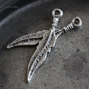 jewelry making supplies  .. PEWTER FEATHERS No. 211 .. 2 Mykonos Greek Feather Charms 25mm (M211-2)