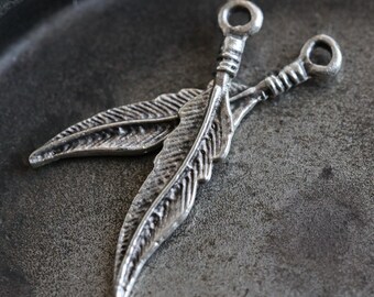 PEWTER FEATHERS No. 211 .. 2 Mykonos Greek Feather Charms 25mm (M211-2)