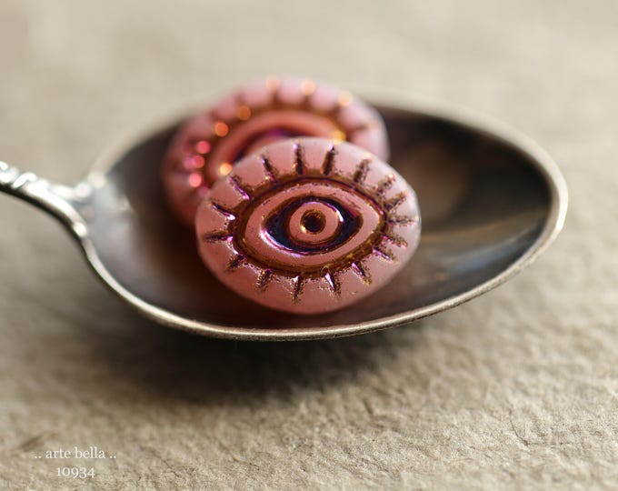 MYSTIC ROSE PEEPERS .. New 6 Premium Matte Czech Glass Mystic Eye Beads 14x11mm (10934-6) .. jewelry supplies