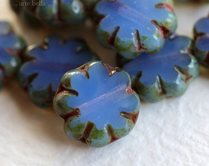 PERIWINKLE BLOOMS .. 25 Premium Picasso Czech Cactus Flower Glass Beads 9x3mm (4134-st) .. jewelry supplies