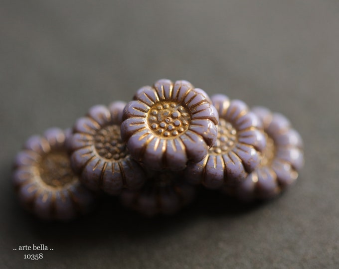 premium glass beads .. BRONZED PURPLE SUNFLOWERS .. 6 Czech Glass Flower Beads 13mm (10358-6) .. jewelry supplies