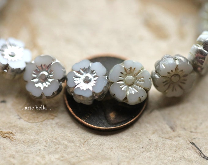 back in stock .. SILVERED BEIGE CLOUD Blooms .. 16 Premium Metallic Czech Glass Hibiscus Flower Beads 10mm (9681-st) .. jewelry supplies