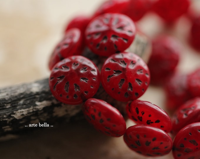 RUBY RED DAHLIAS .. 10 Premium Picasso Czech Glass Dahlia Flower Beads 14mm (5588-st) .. jewelry supplies