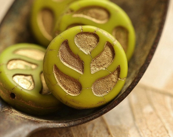 last ones .. GOLDEN CHARTREUSE MONSTERA Leaves .. 4 Premium Matte Czech Glass Monstera Leaf Beads 14mm (8958-4) .. jewelry supplies