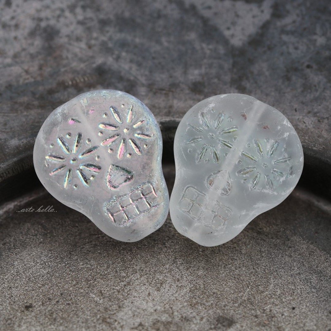 AURORA SKULLS .. 4 Premium Matte Czech Glass AB Sugar Skull Beads