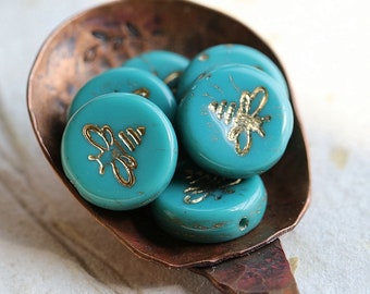 GOLDEN TEAL BIZZY B .. 6 Premium Czech Glass Bee Coin Beads