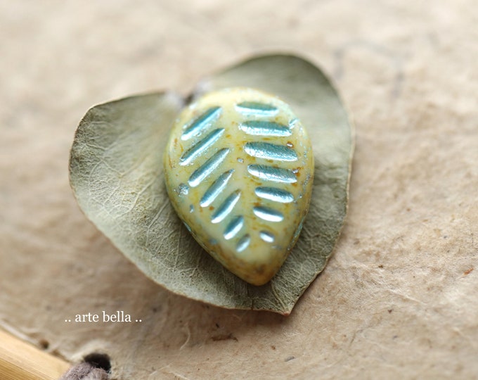 BLUE CREAM LEAVES .. 8 Premium Picasso Czech Glass Dogwood Leaf Beads 16x12mm (5985-8)