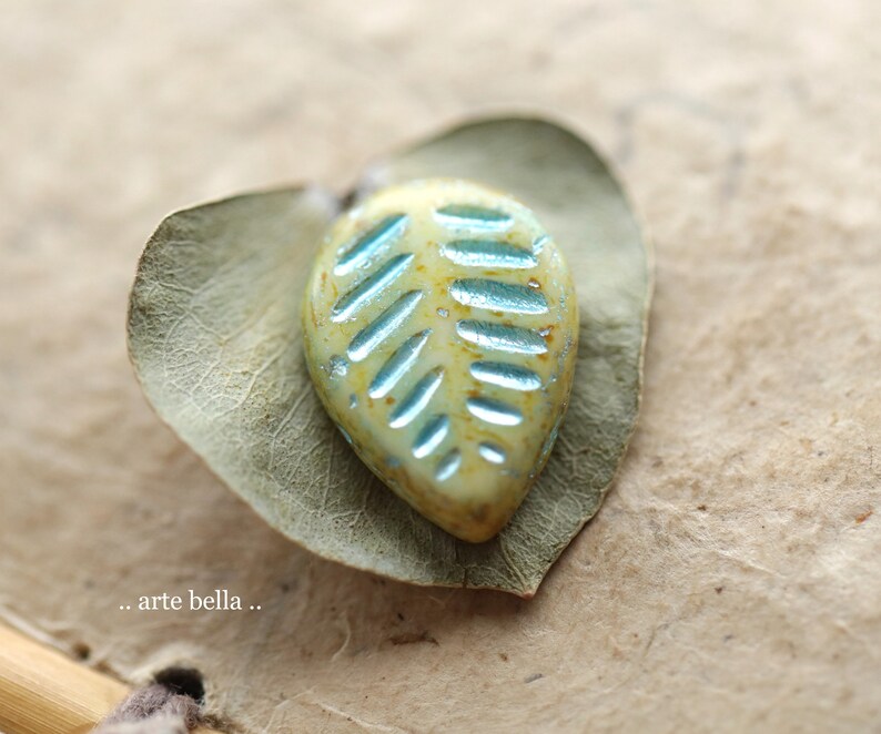 BLUE CREAM LEAVES .. 8 Premium Picasso Czech Glass Dogwood Leaf Beads 16x12mm 5985-8 image 1