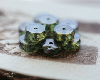 EARTHY PINE WHEELS .. 10 Luster Picasso Czech Faceted Glass Wheel Beads 10x4mm (10288-10) .. jewelry supplies