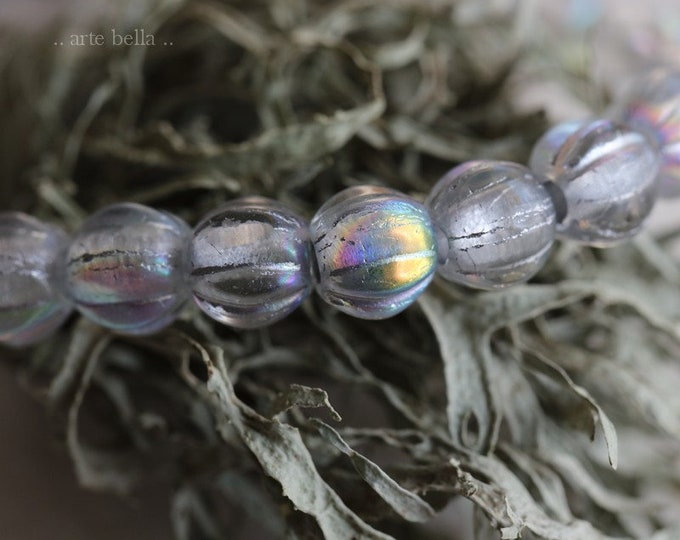 MYSTIC SILVERED MELONS .. 25 Premium Picasso Large Hole Czech Glass Melon Beads 6mm (7701-st) .. jewelry supplies