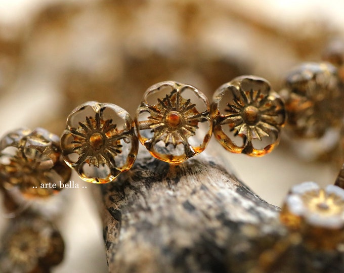 GOLDEN WHISPER BLOOMS .. 16 Premium Picasso Czech Glass Hibiscus Flower Beads 10mm (9682-st)