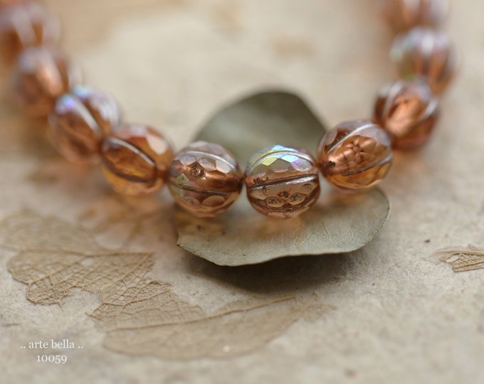 MYSTIC PEACH GLITZ 8mm .. 20 Premium Matte Czech Glass Faceted Melon Beads 8mm (10059-st) .. jewelry supplies