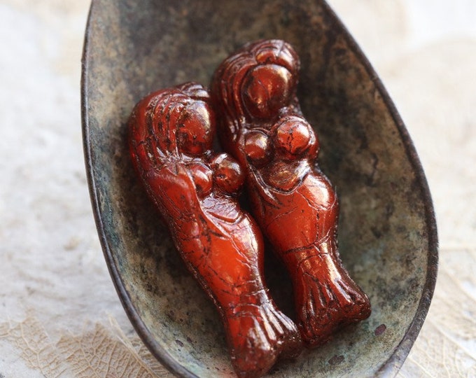 back in stock .. BRONZED PERSIMMON MERMAID .. 2 Premium Picasso Czech Glass Mermaid Beads 5x25mm (8637-2) .. jewelry supplies