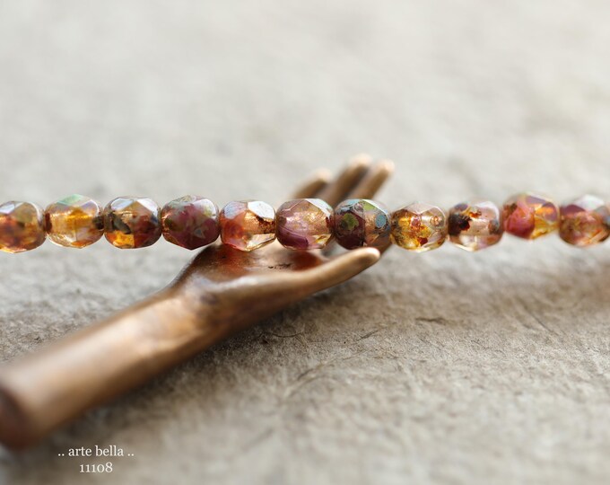 premium glass beads .. EARTHY WILDFLOWER TOTS .. New 50 Picasso Czech Glass Faceted Petite Round Beads 4mm (11108-st) .. jewelry supplies