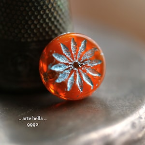 premium glass beads .. ORANGE SKY ASTERS .. 6 Czech Glass Aster Flower Coin Beads 12mm (9992-6) .. jewelry supplies