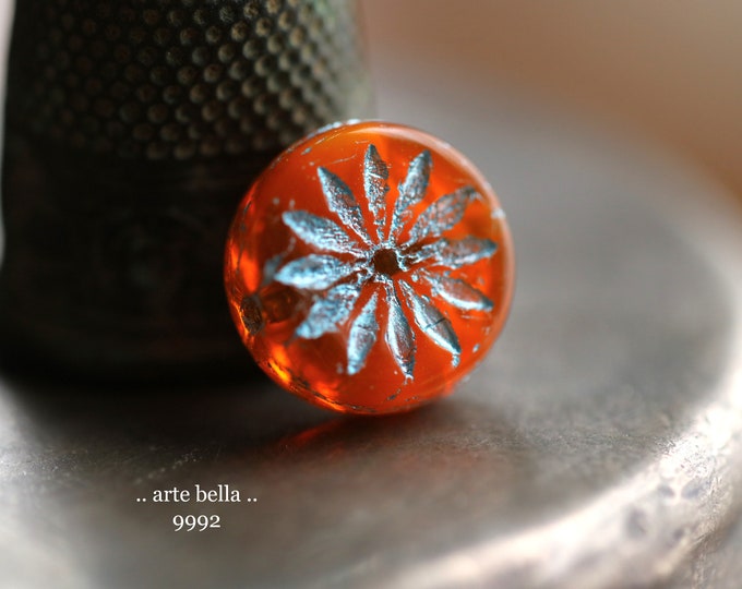 ORANGE SKY ASTERS .. 6 Premium Czech Glass Aster Flower Coin Beads 12mm (9992-6)