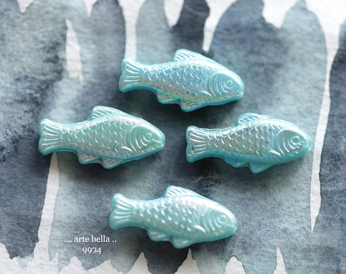 TURQUOISE RAINBOW SWIMMERS .. 4 Premium Czech Glass Fish Beads 25x12mm (9974-4) .. jewelry supplies