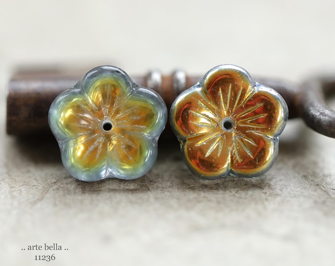 New ..SUNSET BLOOMS .. 6 Premium AB Czech Glass Flower Beads 14mm (11236-6) .. jewelry making supplies