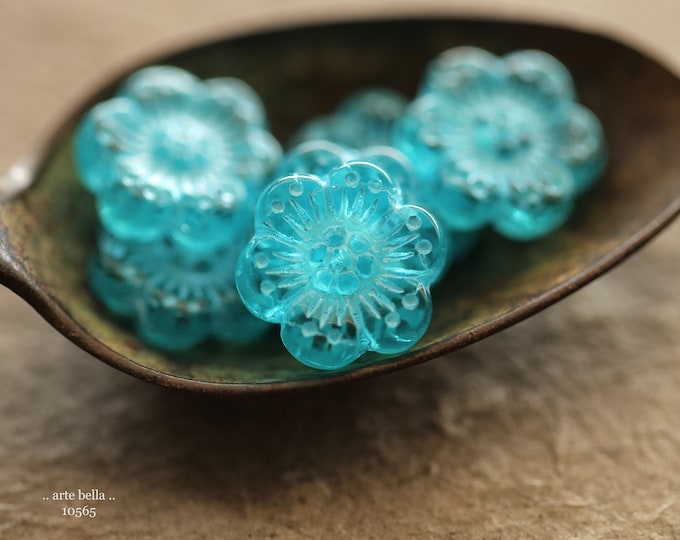 BLUE SKY ROSES .. 6 Premium Czech Glass Wild Rose Bead Mix 14mm (10565-6) .. jewelry supplies